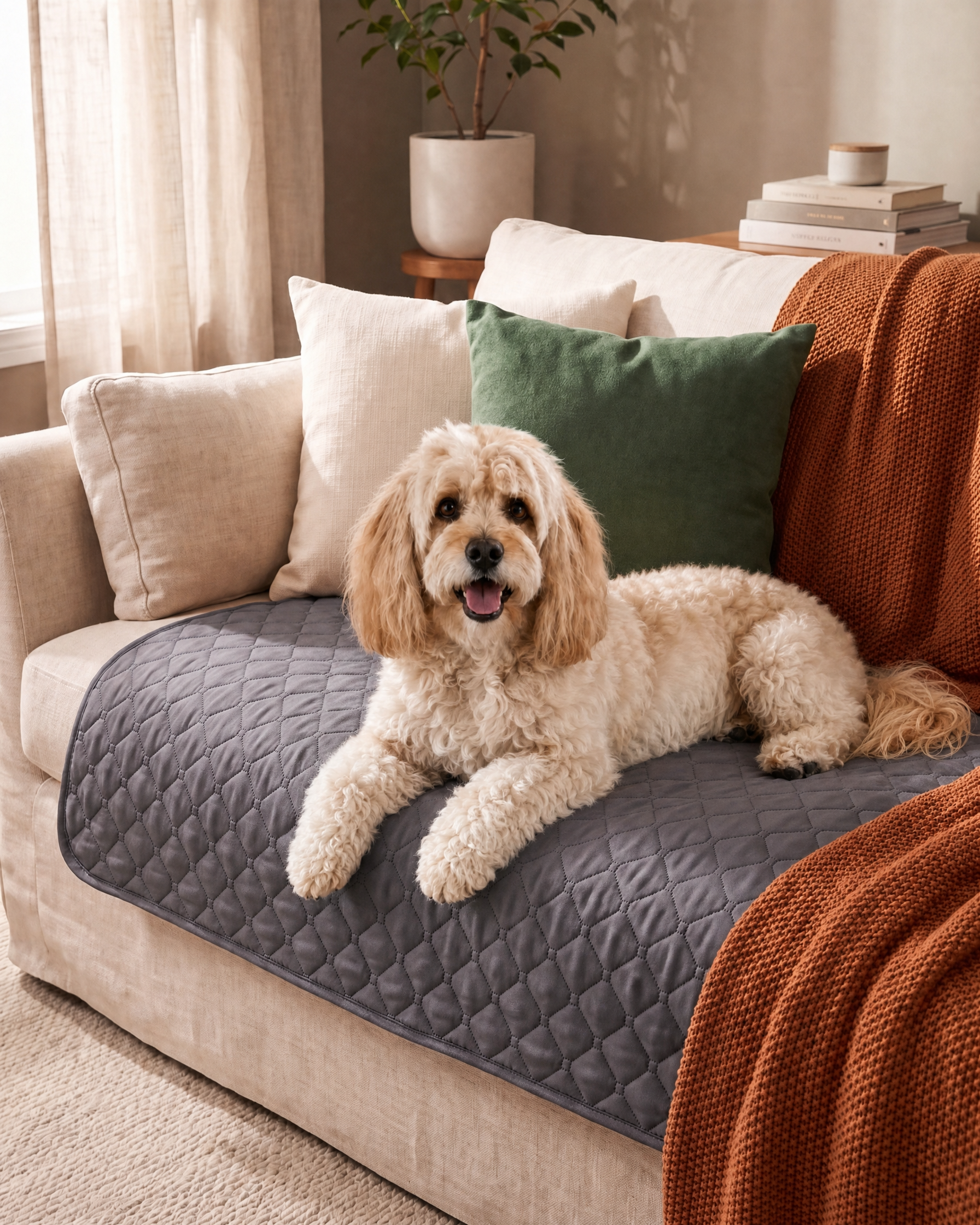 BedShield waterproof quilted pet blanket on sofa with dog