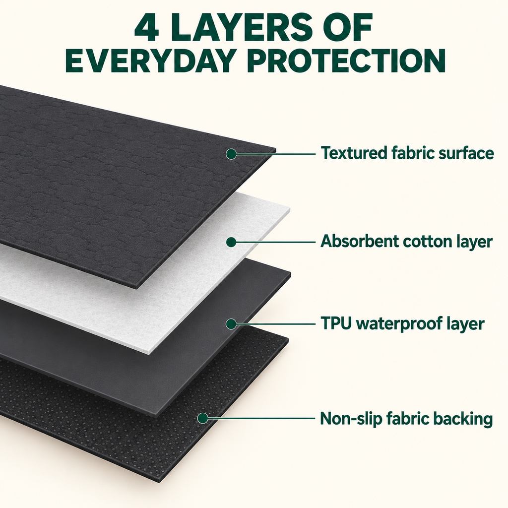PINCH & PAW FloorGuard 4 layers of everyday protection: textured fabric surface, absorbent cotton layer, TPU water-resistant layer, non-slip fabric backing