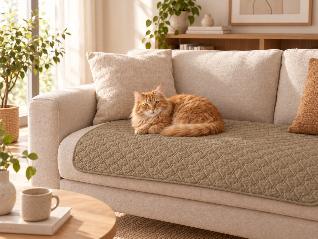 BedShield waterproof quilted pet blanket in khaki on sofa with ginger cat