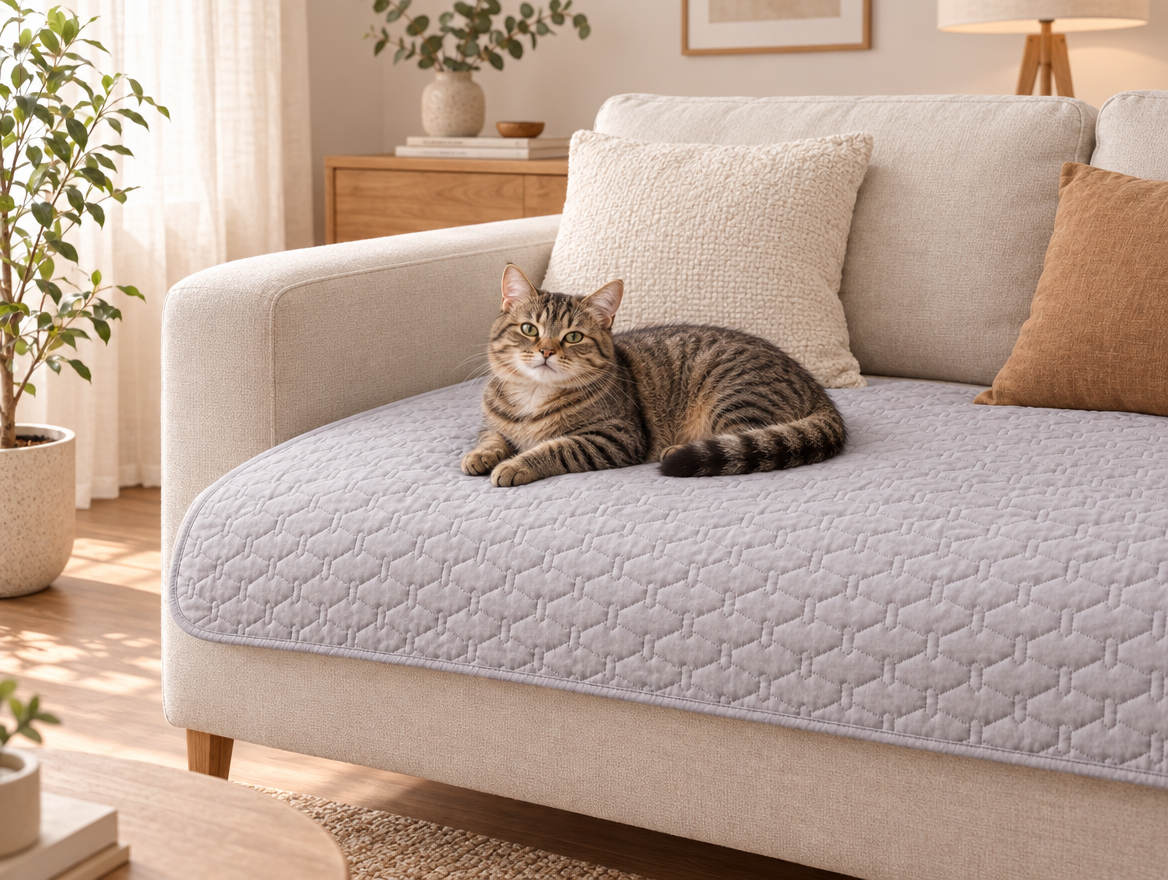 BedShield waterproof quilted pet blanket on sofa with cat
