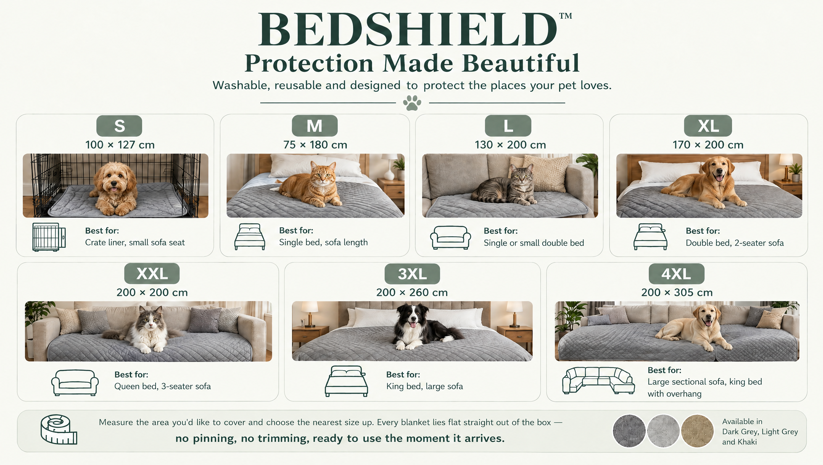 BedShield size guide: seven sizes with dogs and cats