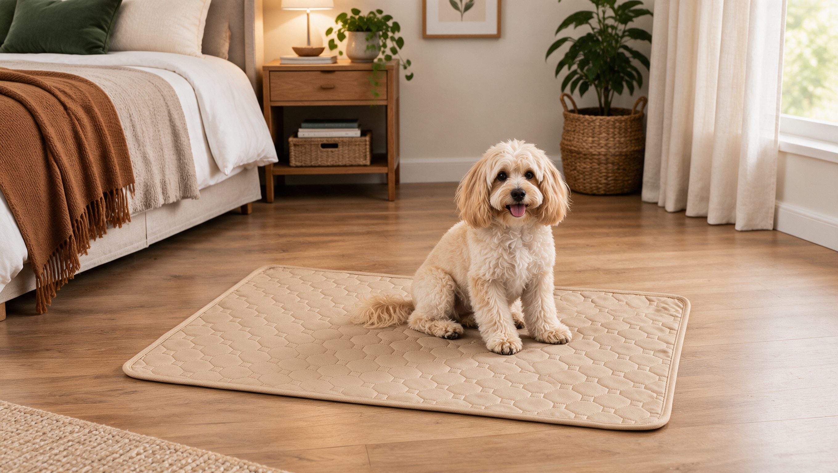 Dog relaxing on FloorGuard non-slip washable pet mat, Khaki, bedroom floor