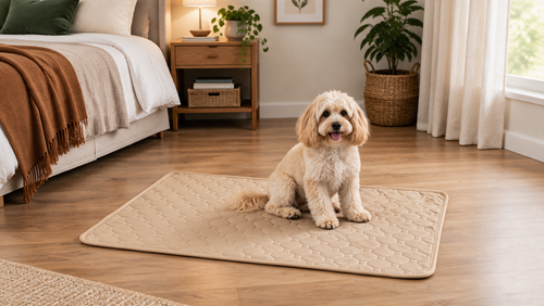 Dog relaxing on FloorGuard non-slip washable pet mat, Khaki, bedroom floor