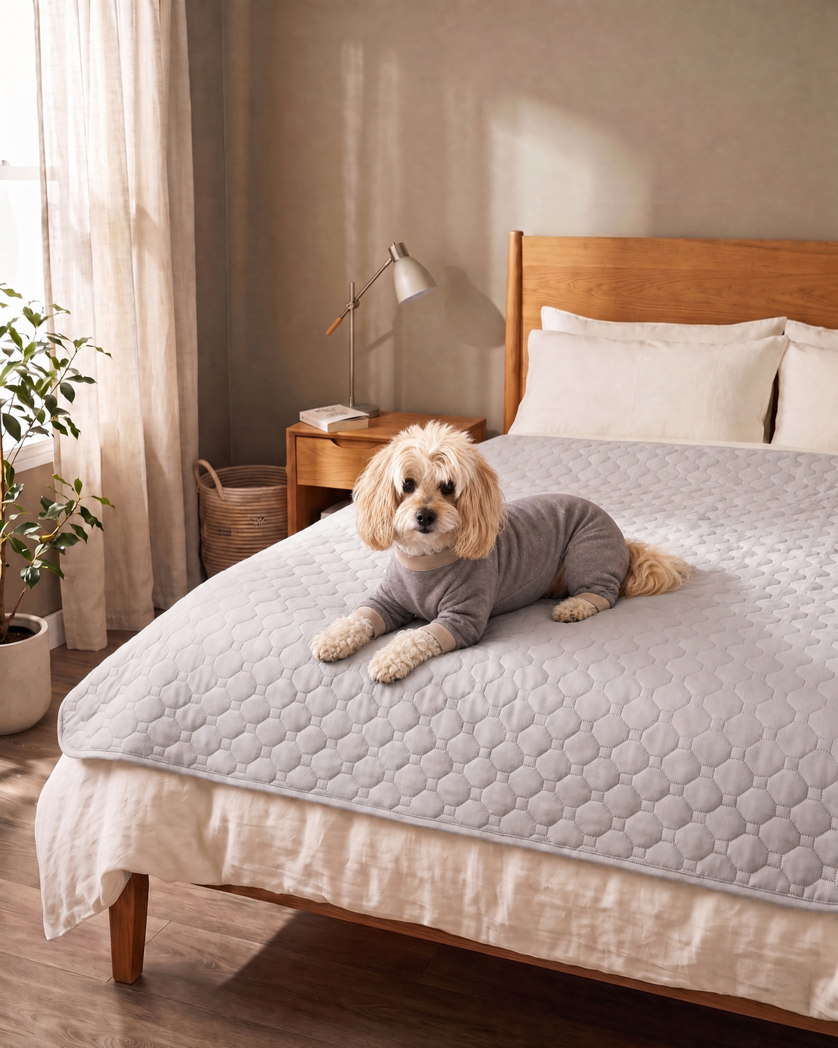 BedShield waterproof quilted pet blanket on bed with dog, bedroom setting