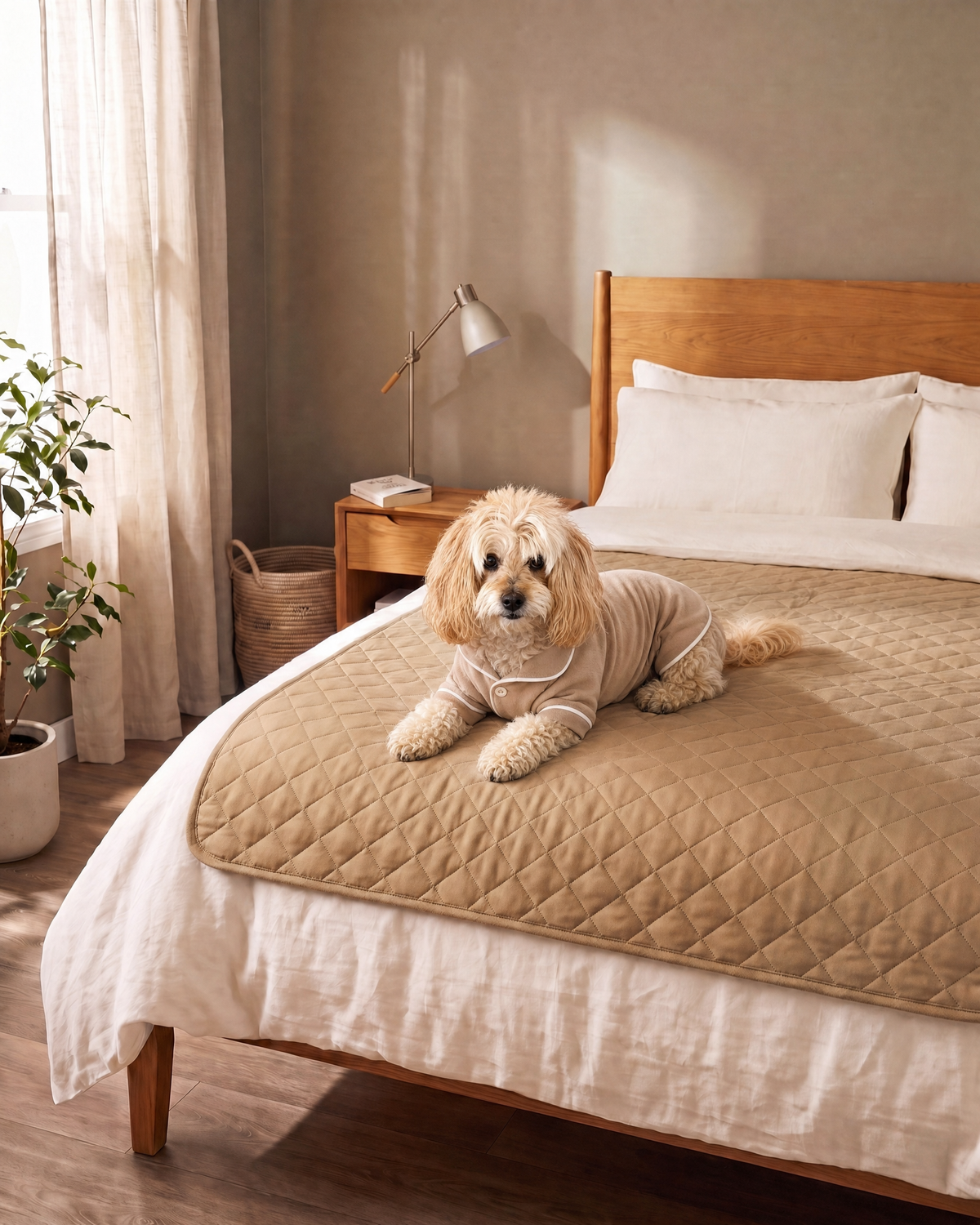 BedShield waterproof quilted pet blanket on bed with dog