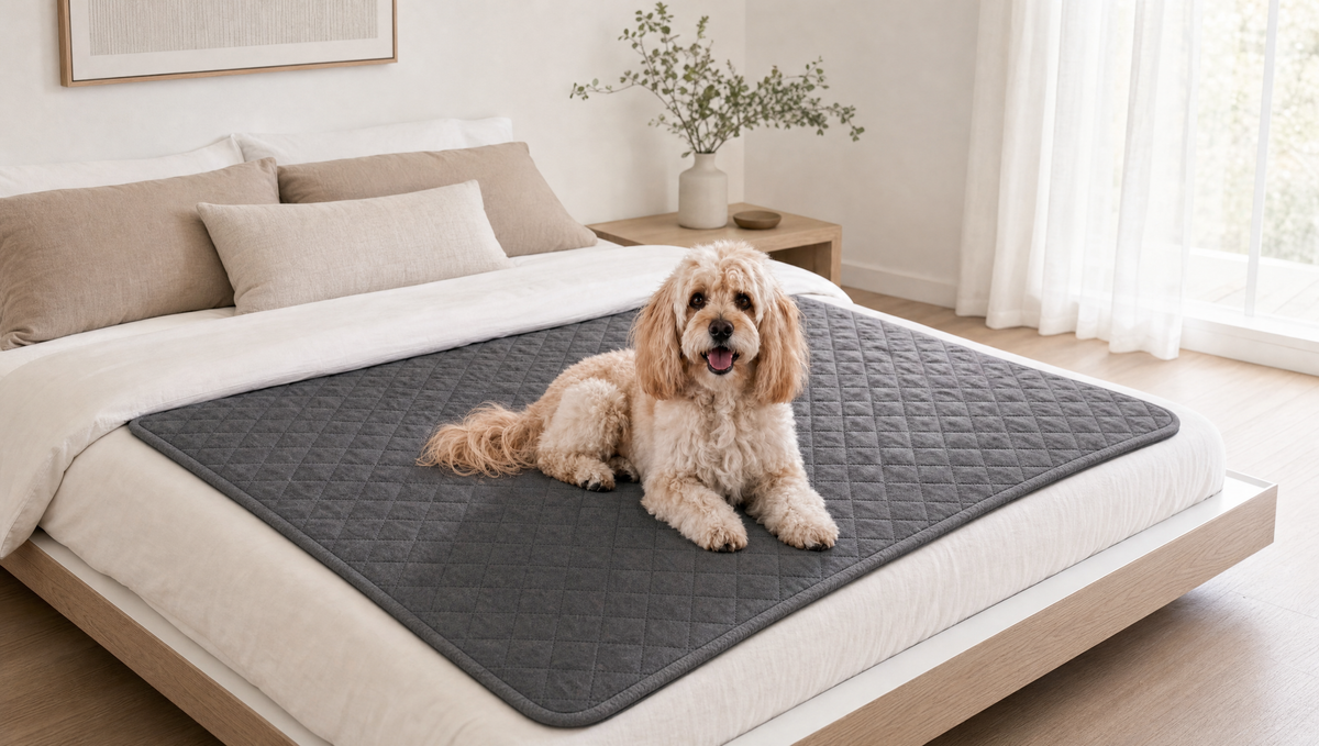 BedShield waterproof quilted pet blanket in modern minimalist bedroom