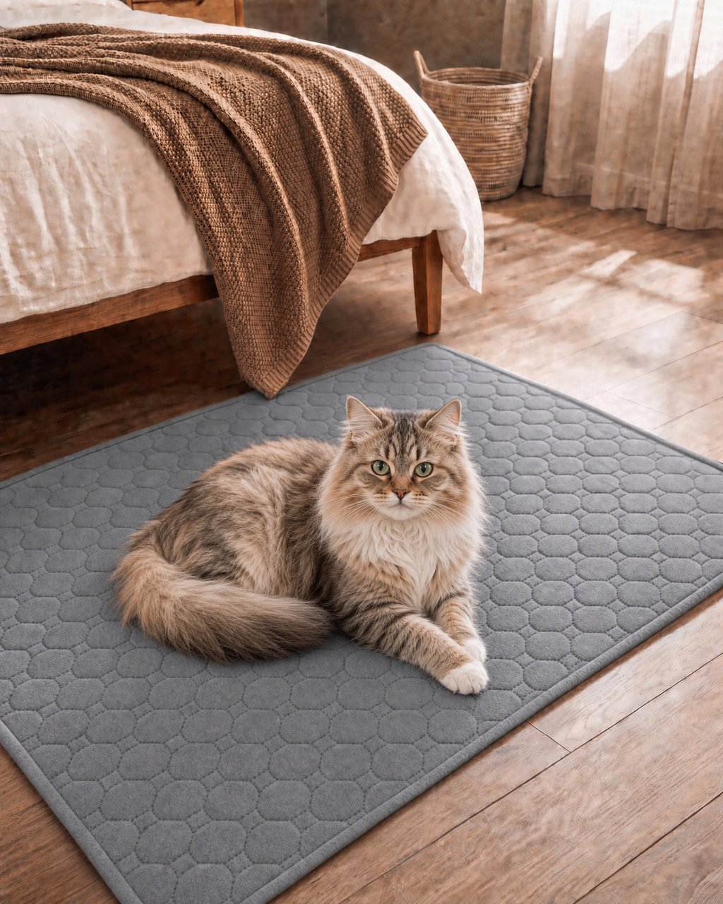 Cat relaxing on FloorGuard non-slip washable pet mat, Grey, bedroom floor