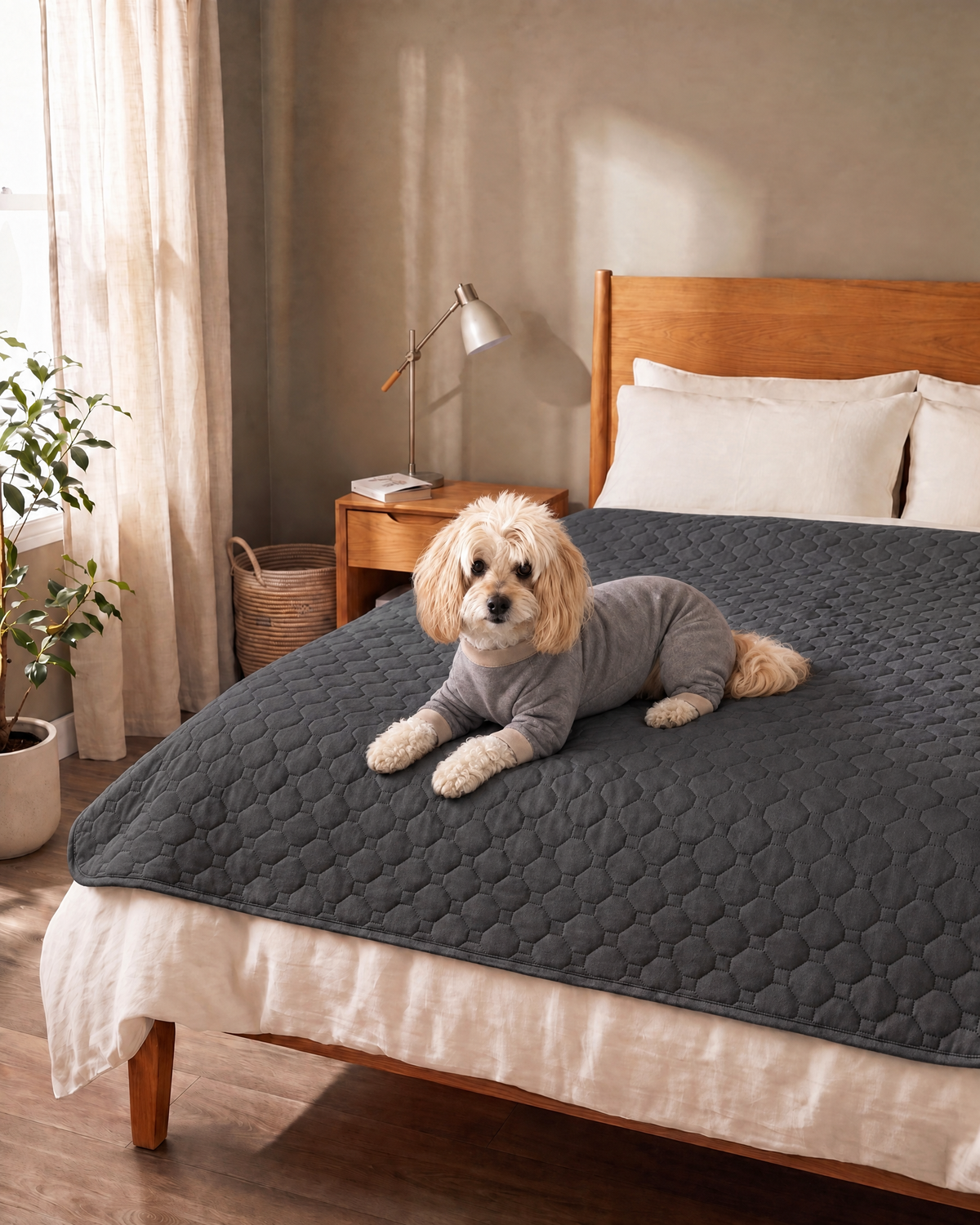 BedShield waterproof quilted pet blanket in Dark Grey on a bed with dog