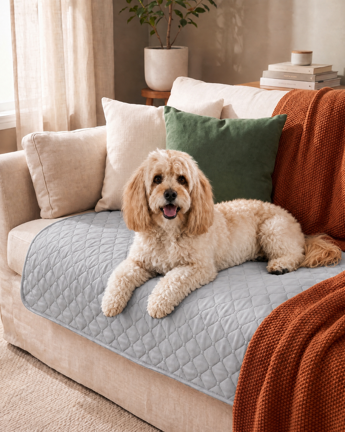 BedShield waterproof quilted pet blanket in Light Grey on a sofa with dog