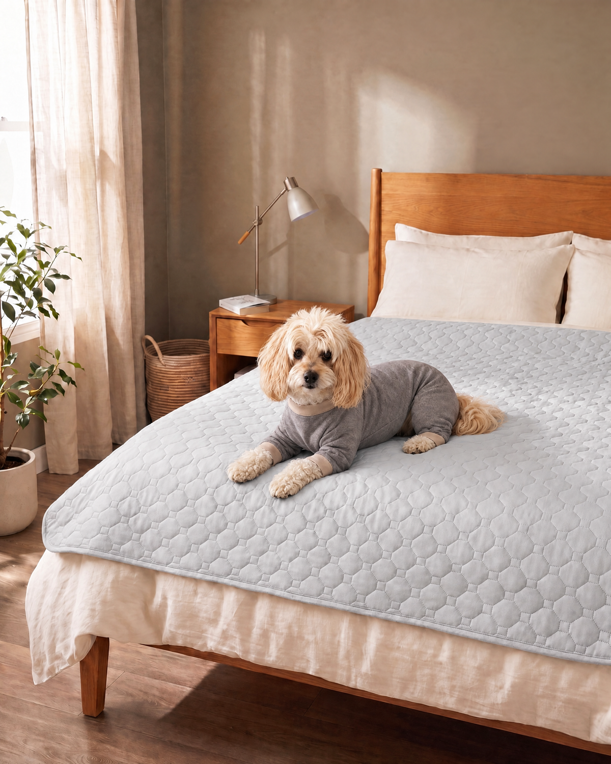 BedShield waterproof quilted pet blanket in Light Grey on a bed with dog