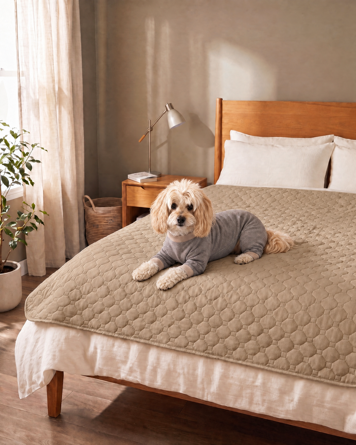 BedShield waterproof quilted pet blanket in Khaki on a bed with dog