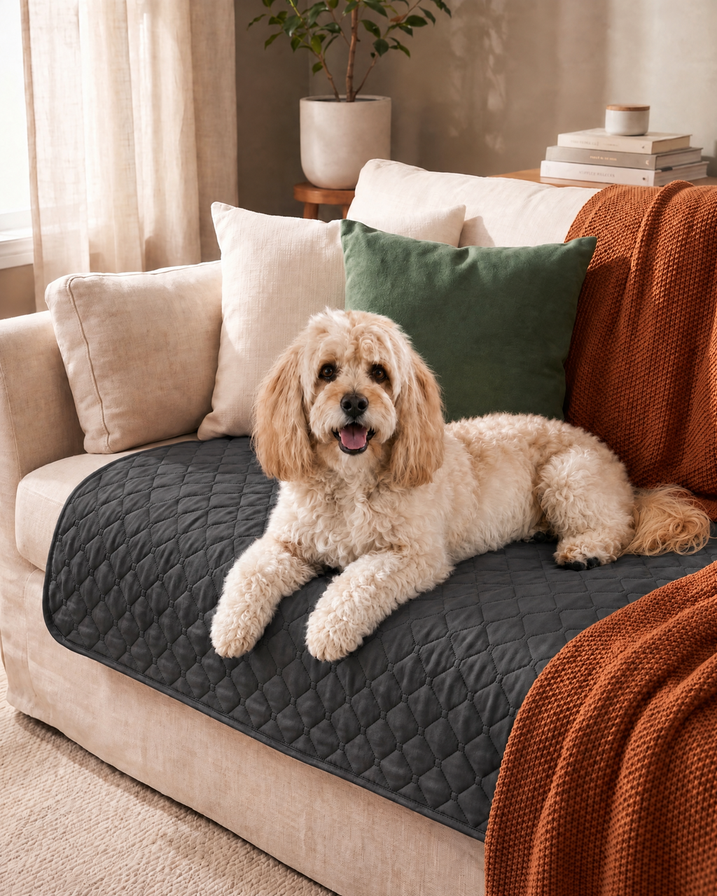 BedShield waterproof quilted pet blanket in Dark Grey on a sofa with dog