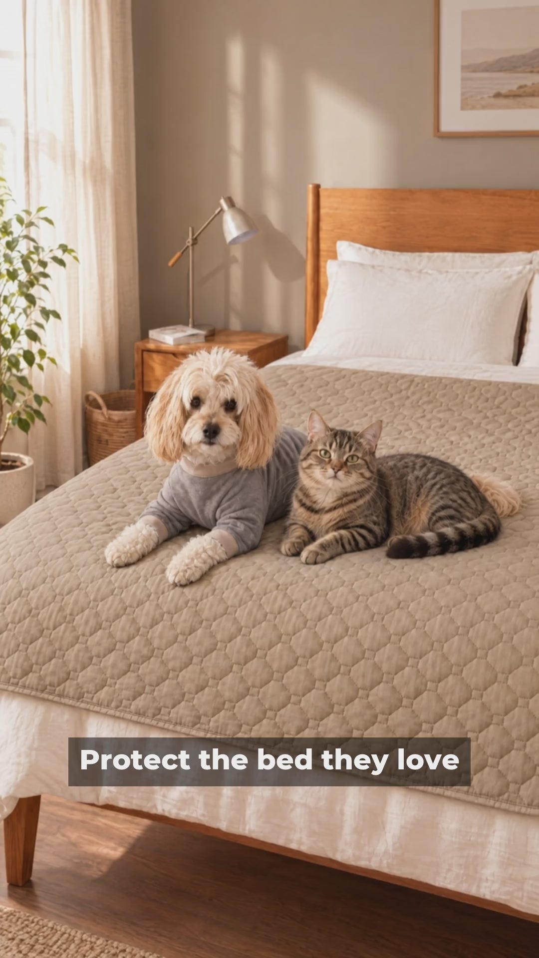 BedShield waterproof quilted pet blanket ad: dog and cat on the blanket, water beading up, protect your bed